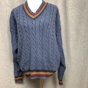 Woods&Gray Cable Knit Sweater VNeck Large Cotton Blue Maroon Beige Navy Stripe